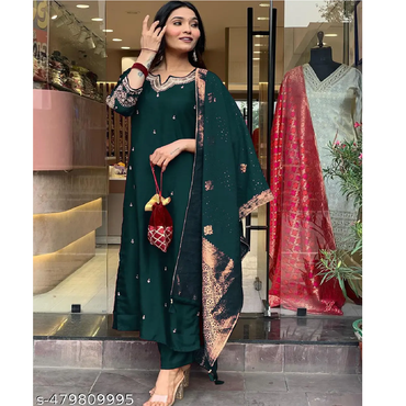 Dark Green Embroidered Art Slik Straight Kurta Pant Dupatta Set