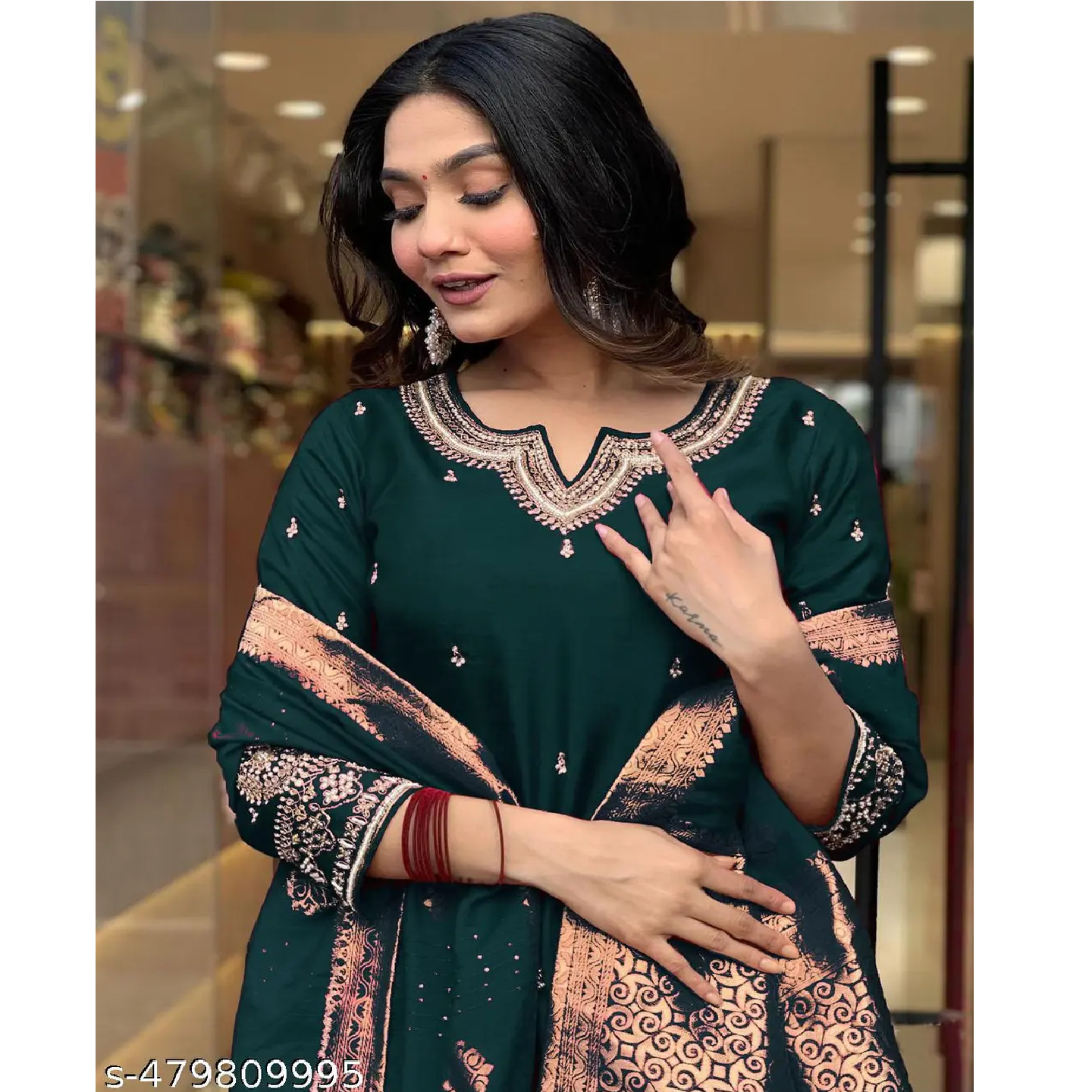 Dark Green Embroidered Art Slik Straight Kurta Pant Dupatta Set