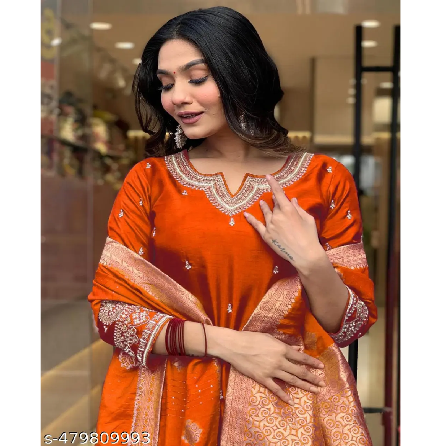 Orange Embroidered Art Slik Straight Kurta Pant Dupatta Set