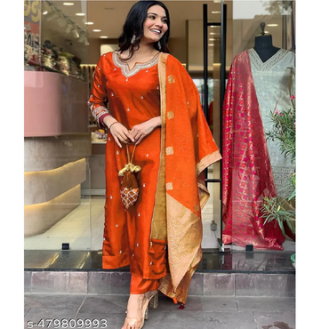 Orange Embroidered Art Slik Straight Kurta Pant Dupatta Set
