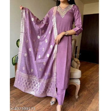 Purple Embroidered Rayon Slub Straight Stitched Kurta Pant Jacquard Dupatta Set