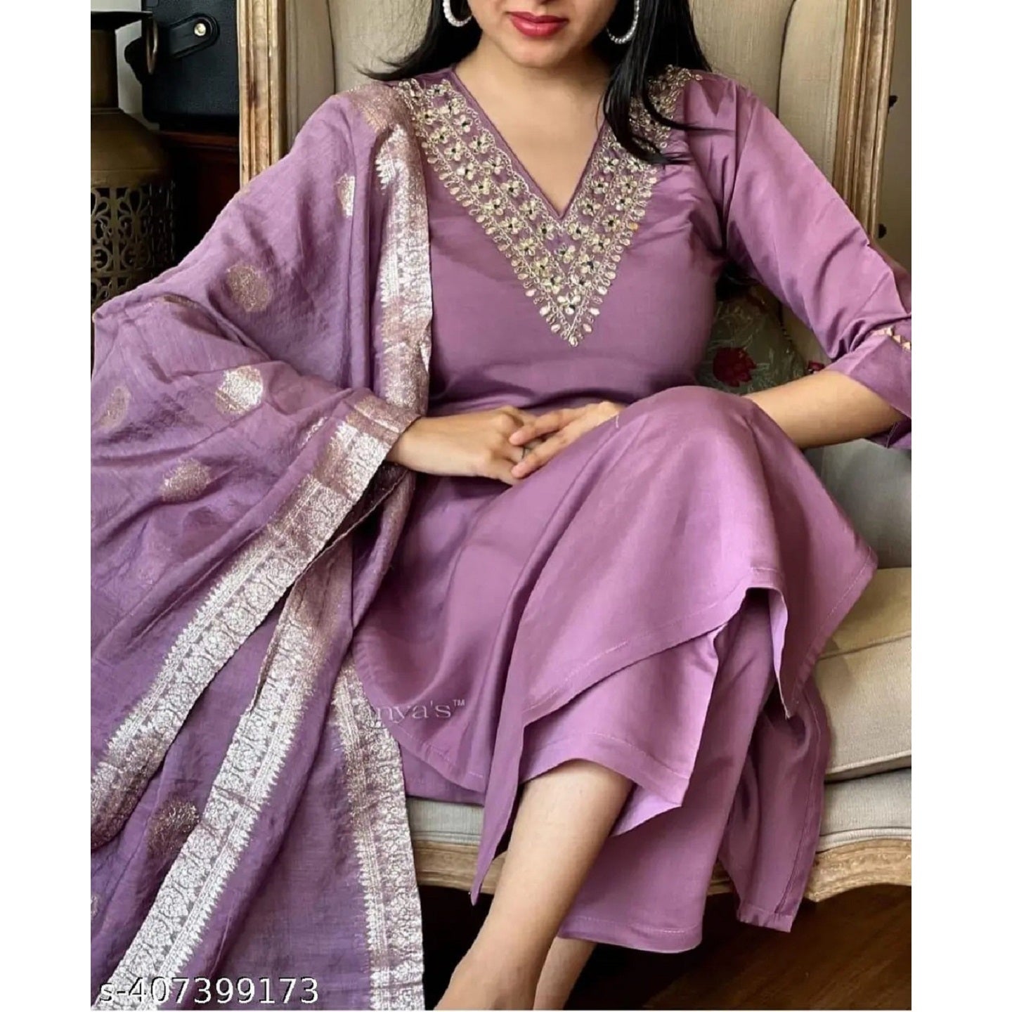 Purple Embroidered Rayon Slub Straight Stitched Kurta Pant Jacquard Dupatta Set