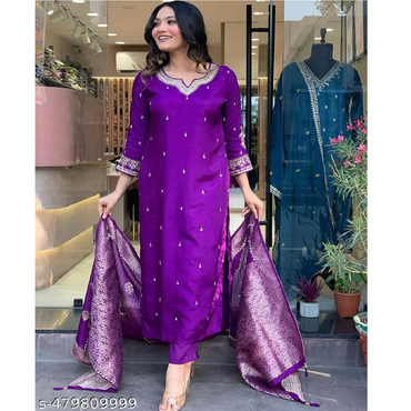 Purple Embroidered Art Slik Straight Kurta Pant Dupatta Set