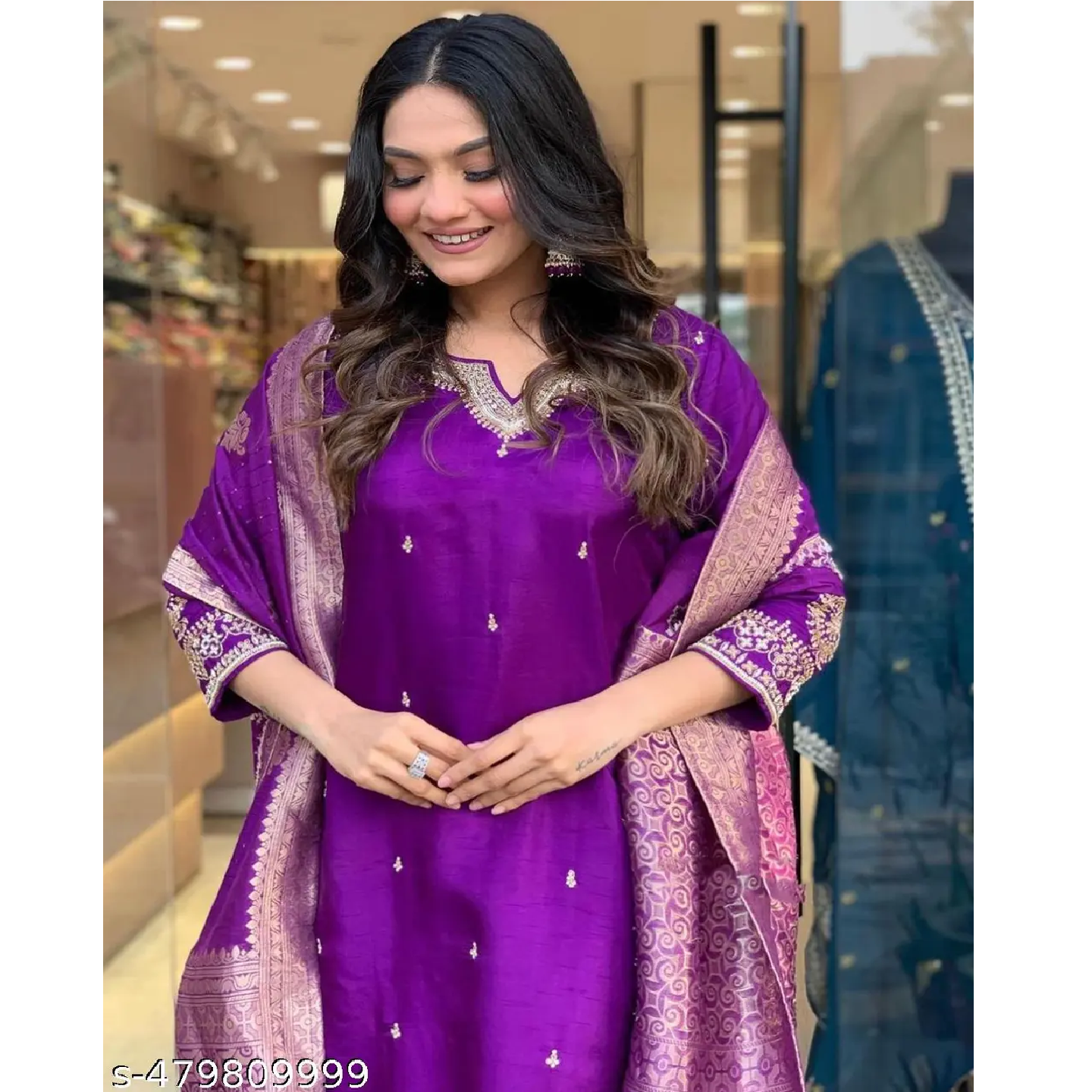 Purple Embroidered Art Slik Straight Kurta Pant Dupatta Set