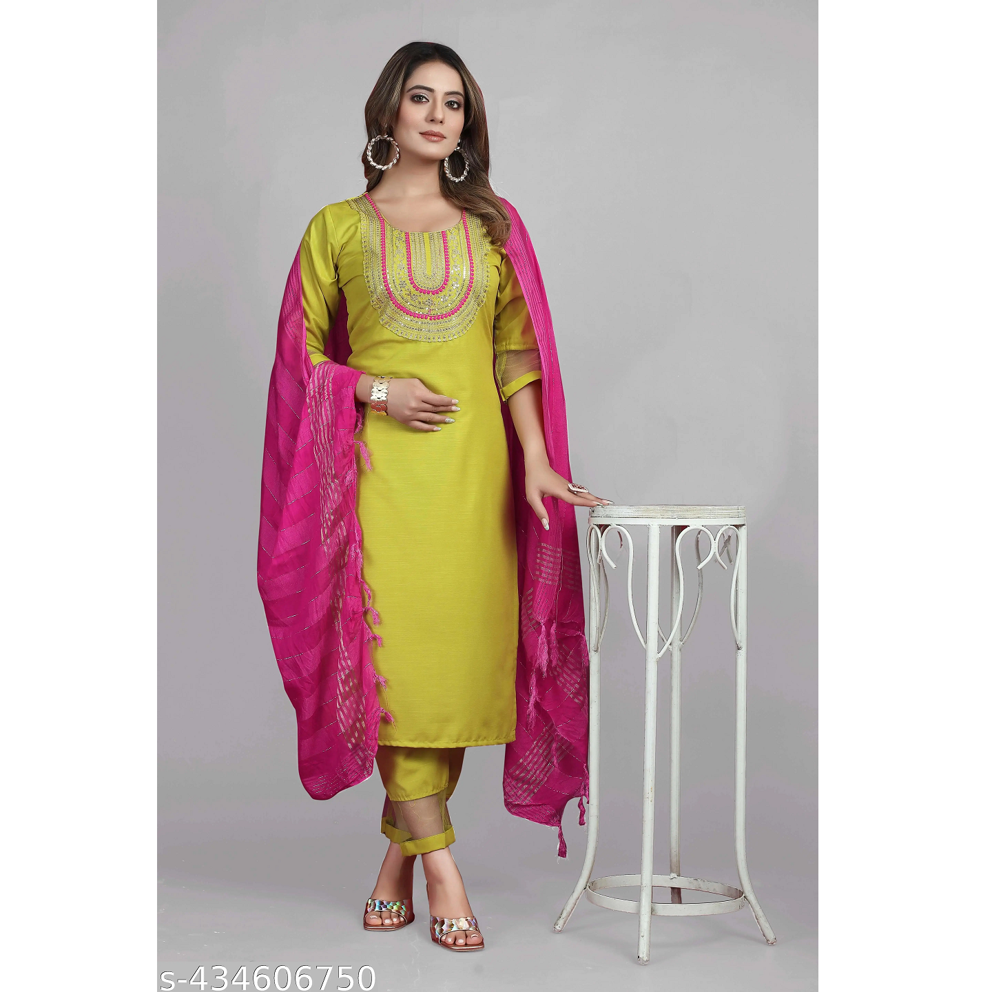 Parrot Yellow Embroidered Rayon Slub Straight Stitched Kurta Pant Dupatta Set