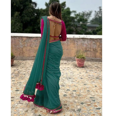 Green Solid Georgette Red Lace Saree
