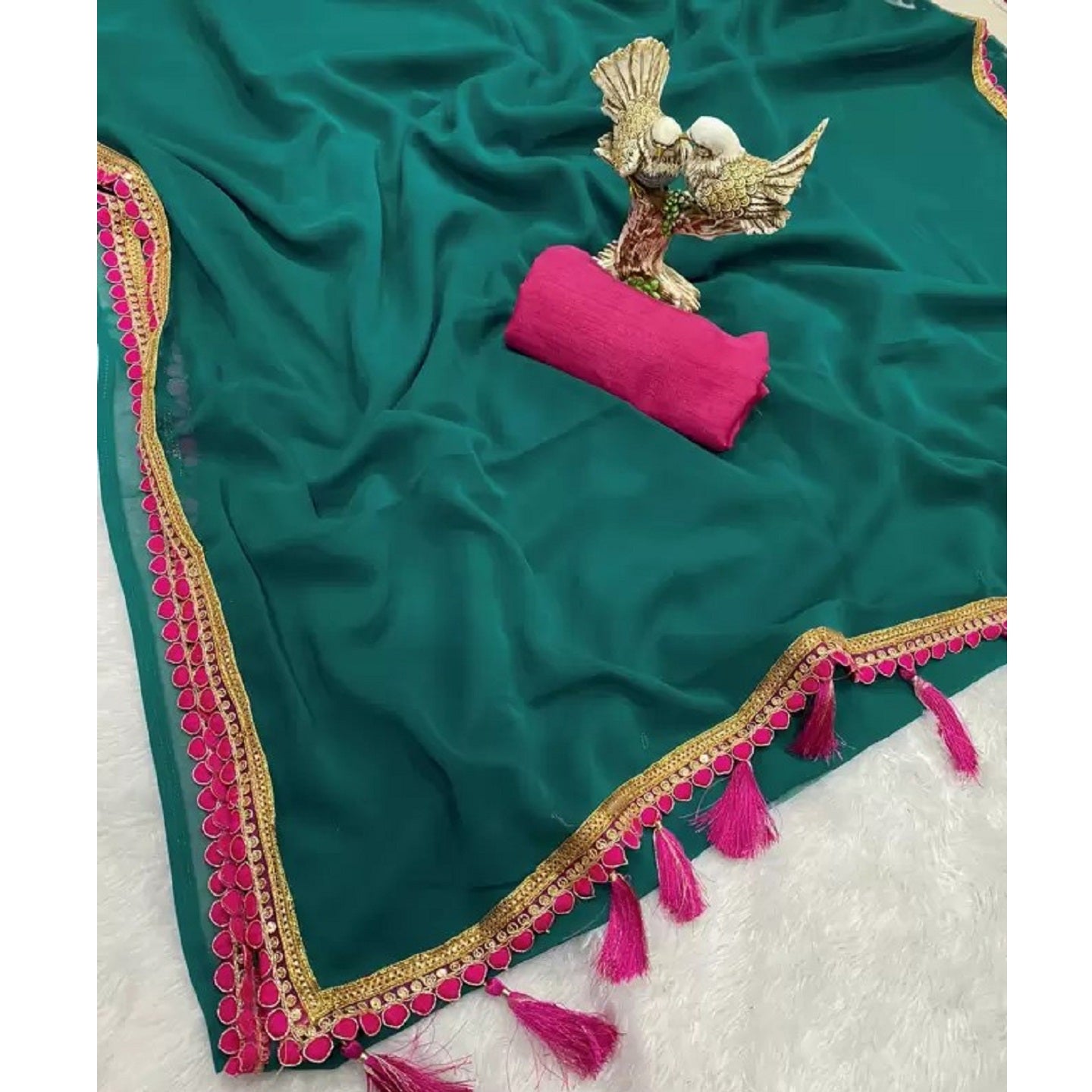 Green Solid Georgette Red Lace Saree