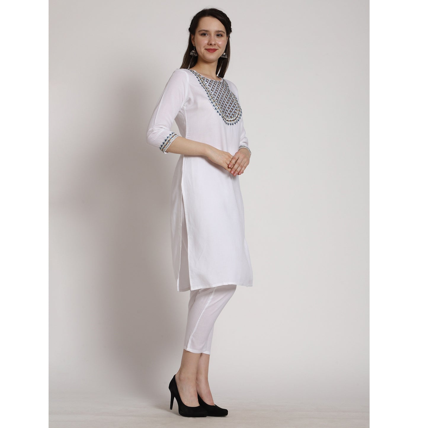 White Blue Embroidered Cotton Blend Straight Kurta Pant Set
