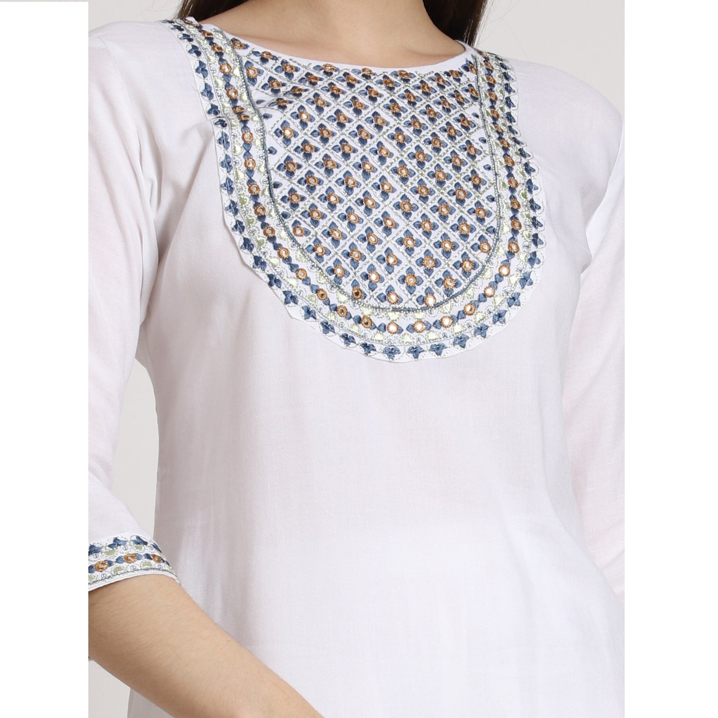 White Blue Embroidered Cotton Blend Straight Kurta Pant Set