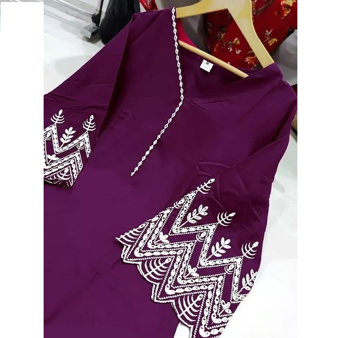 Purple Embroidered Rayon Slub Straight Kurta Set For Women