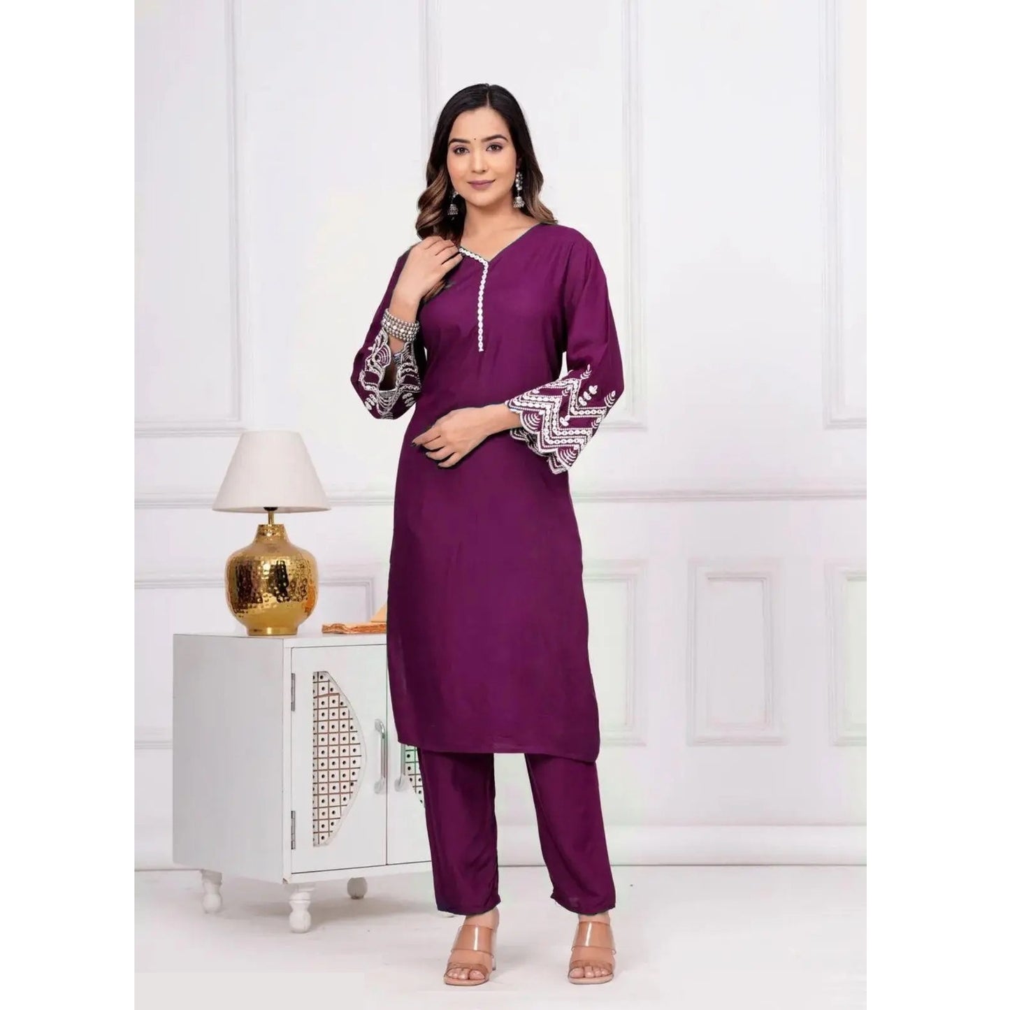 Purple Embroidered Rayon Slub Straight Kurta Set For Women