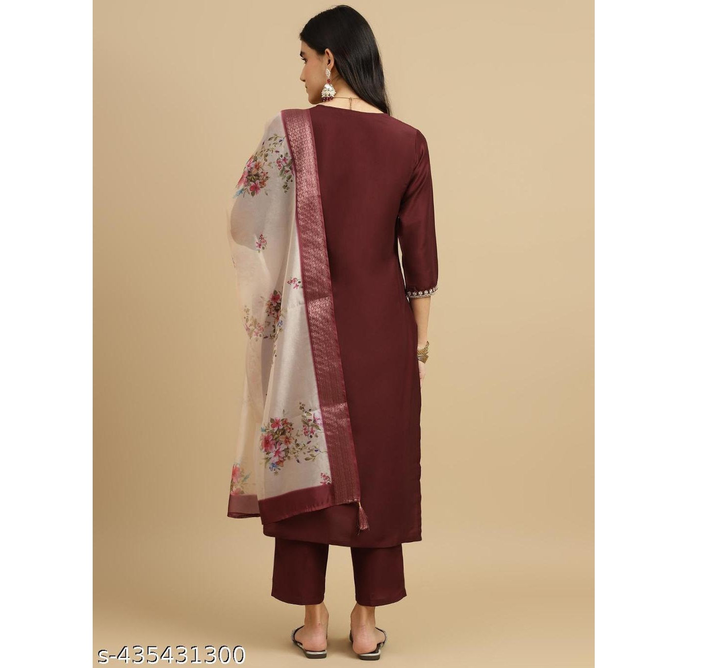 Brown Embroidered Rayon Slub Straight Kurta Pant Dupatta Set