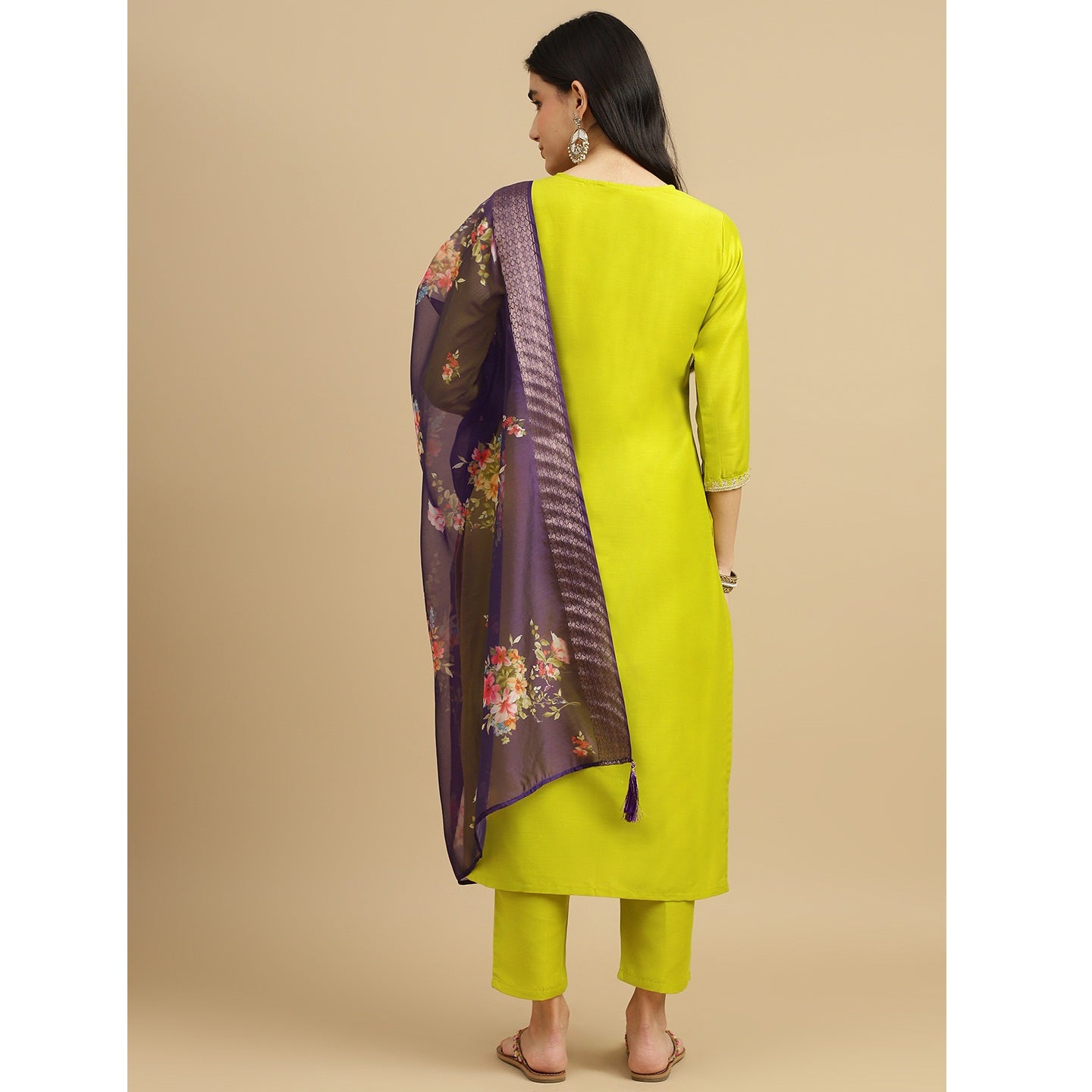 Parrot green Embroidered Rayon Slub Straight Kurta Pant Dupatta Set