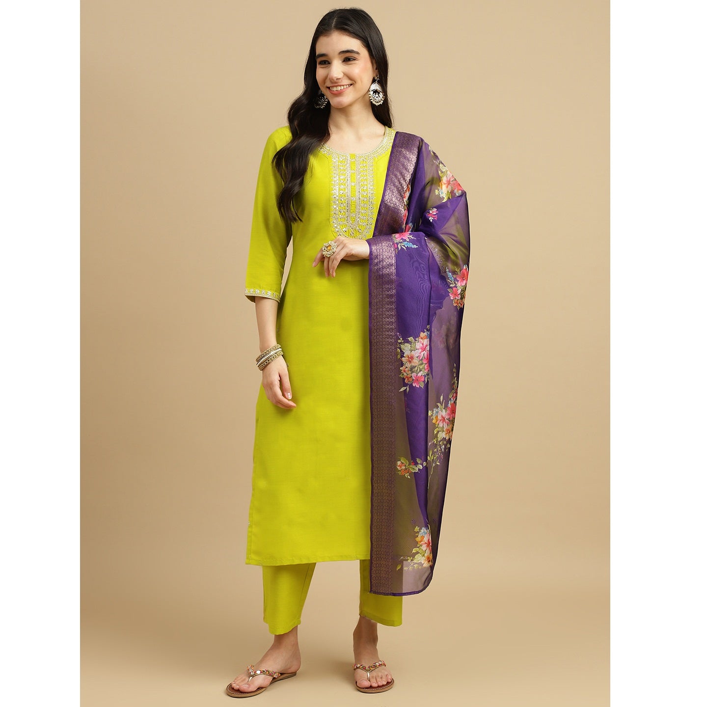 Parrot green Embroidered Rayon Slub Straight Kurta Pant Dupatta Set