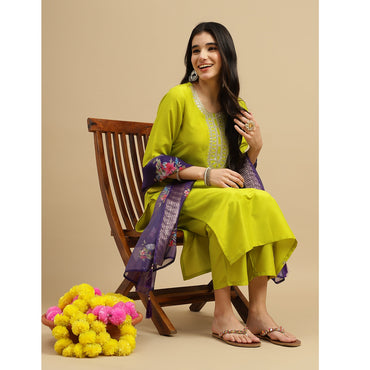 Parrot green Embroidered Rayon Slub Straight Kurta Pant Dupatta Set