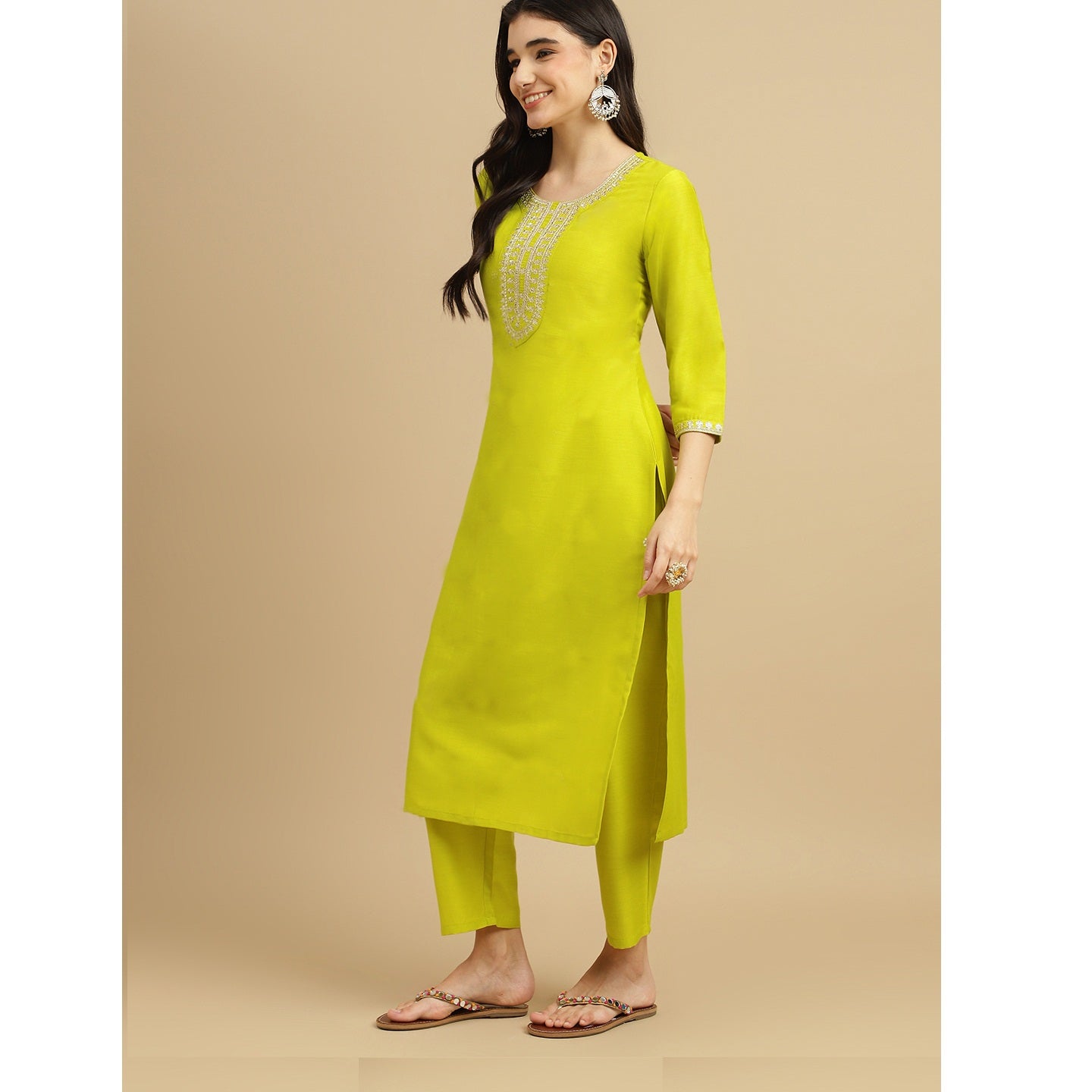 Parrot green Embroidered Rayon Slub Straight Kurta Pant Dupatta Set