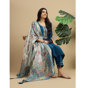 Blue Embroidered Rayon Slub Straight Kurta Pant Dupatta Set
