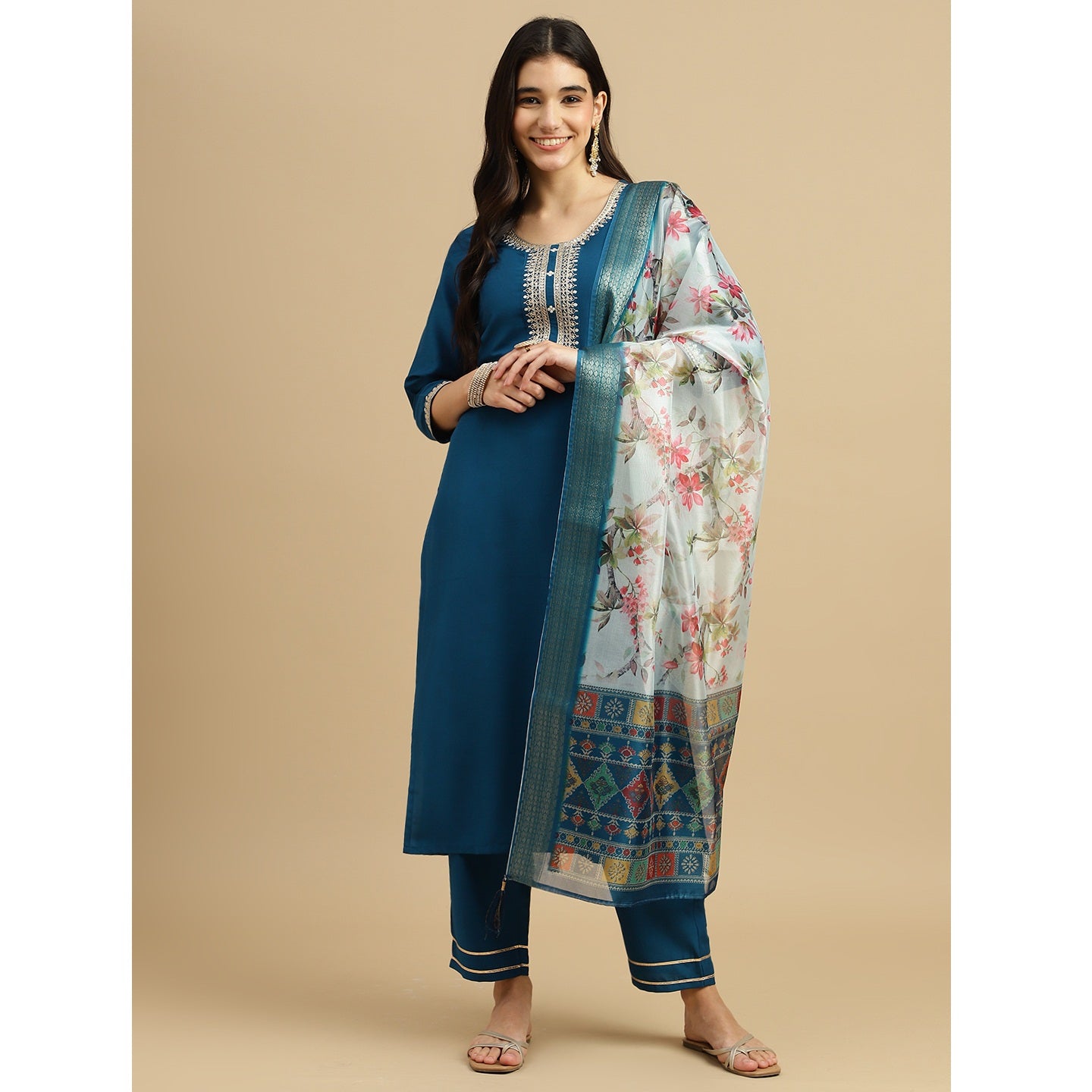 Blue Embroidered Rayon Slub Straight Kurta Pant Dupatta Set