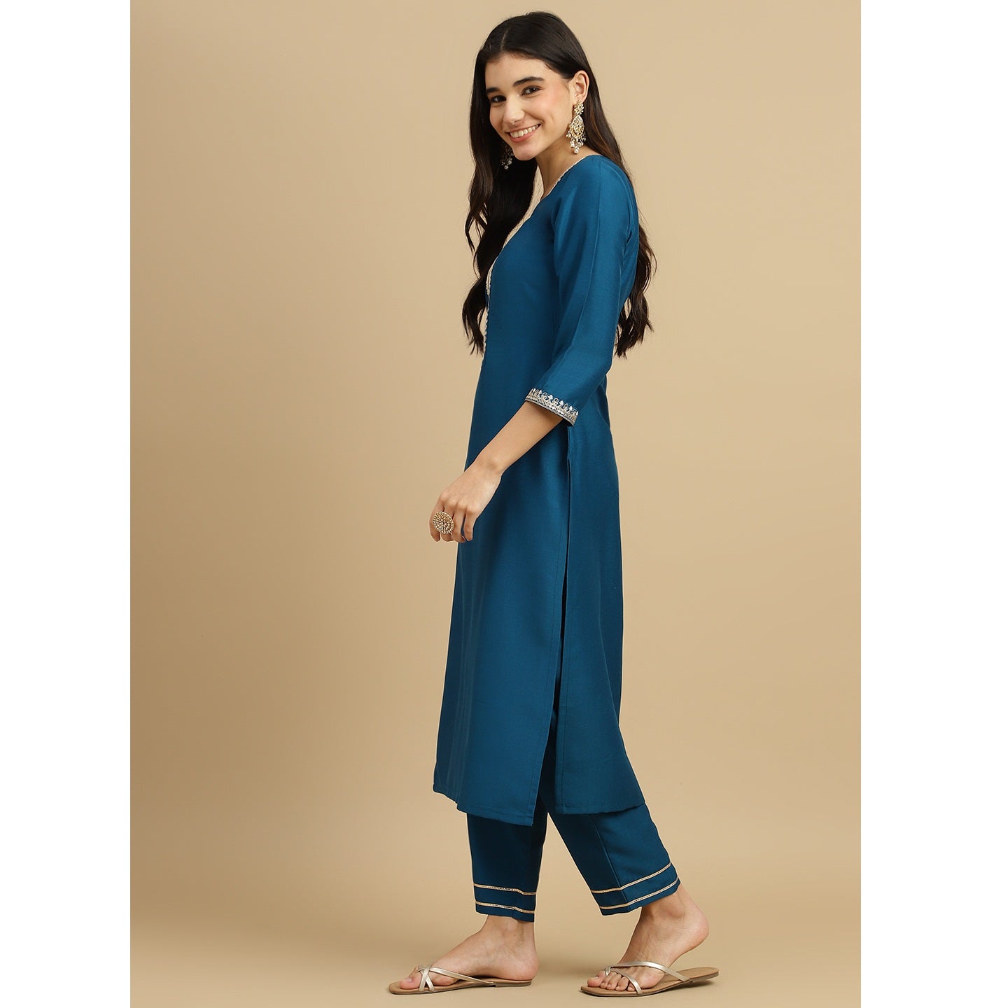 Blue Embroidered Rayon Slub Straight Kurta Pant Dupatta Set