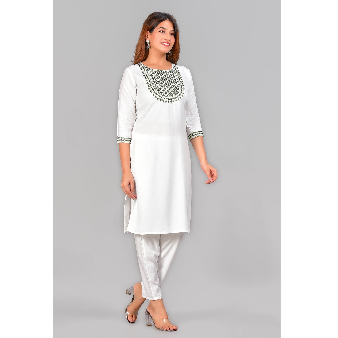White Green Embroidered Cotton Blend Straight Kurta Pant Set