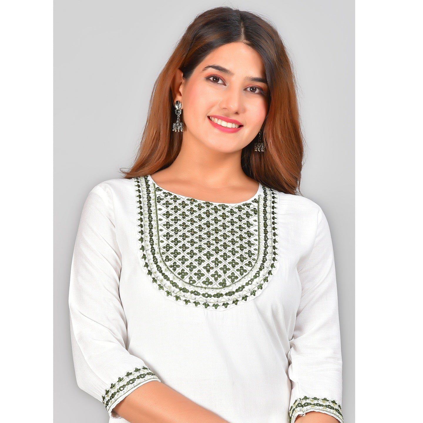 White Green Embroidered Cotton Blend Straight Kurta Pant Set