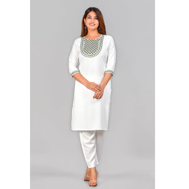 White Green Embroidered Cotton Blend Straight Kurta Pant Set