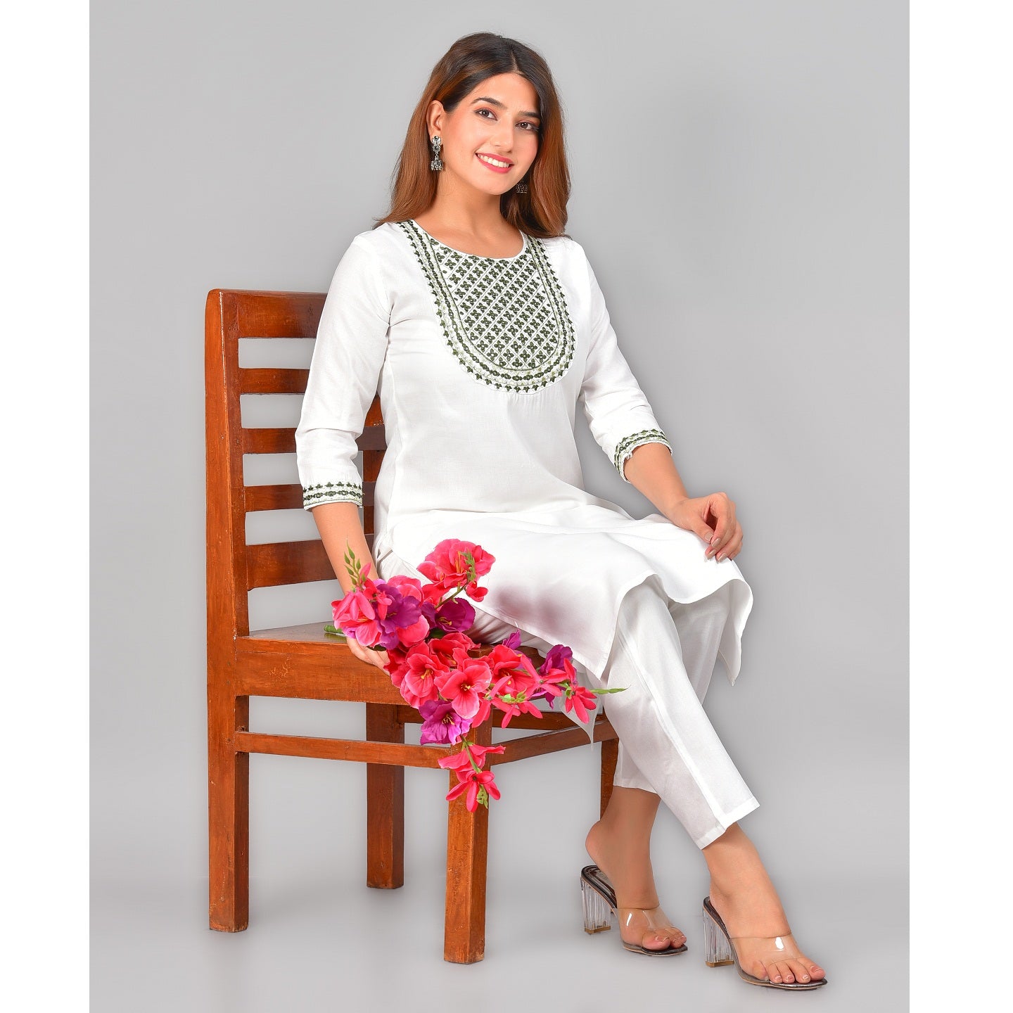 White Green Embroidered Cotton Blend Straight Kurta Pant Set
