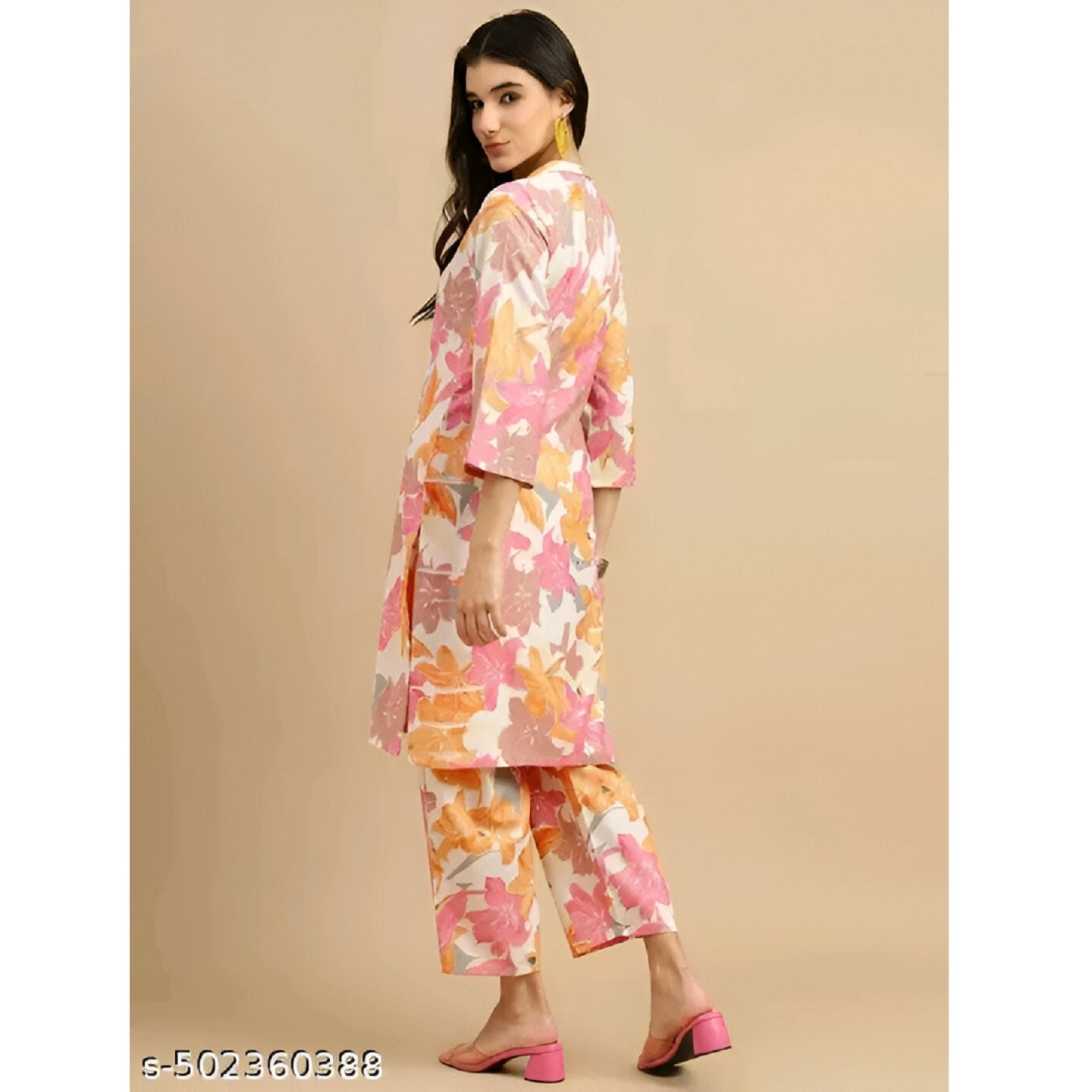 Orange Printed Polyster Co-Ords Kurta Set For Women