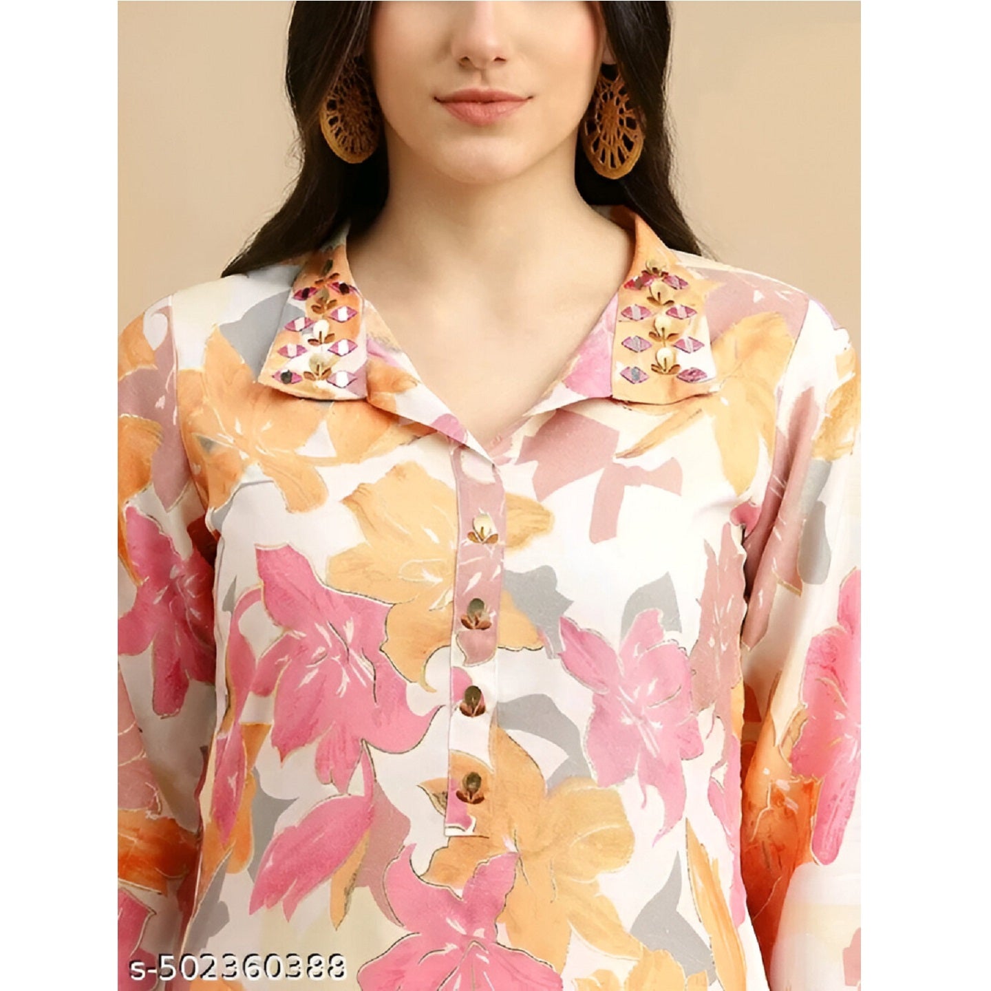 Orange Printed Polyster Co-Ords Kurta Set For Women