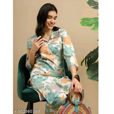 Green Printed Polyster Co-Ords Kurta Set For Women