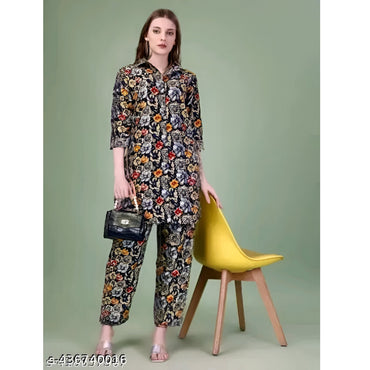 Orange Printed Polyster Co-Ords Kurta Set For Women