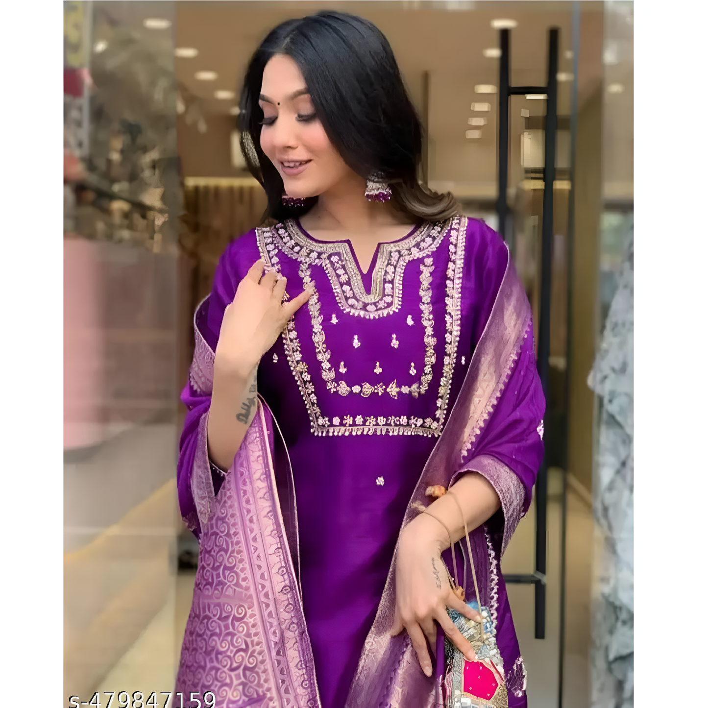 Purple Embroidered Viscose Slik Straight Kurta Pant Dupatta Set