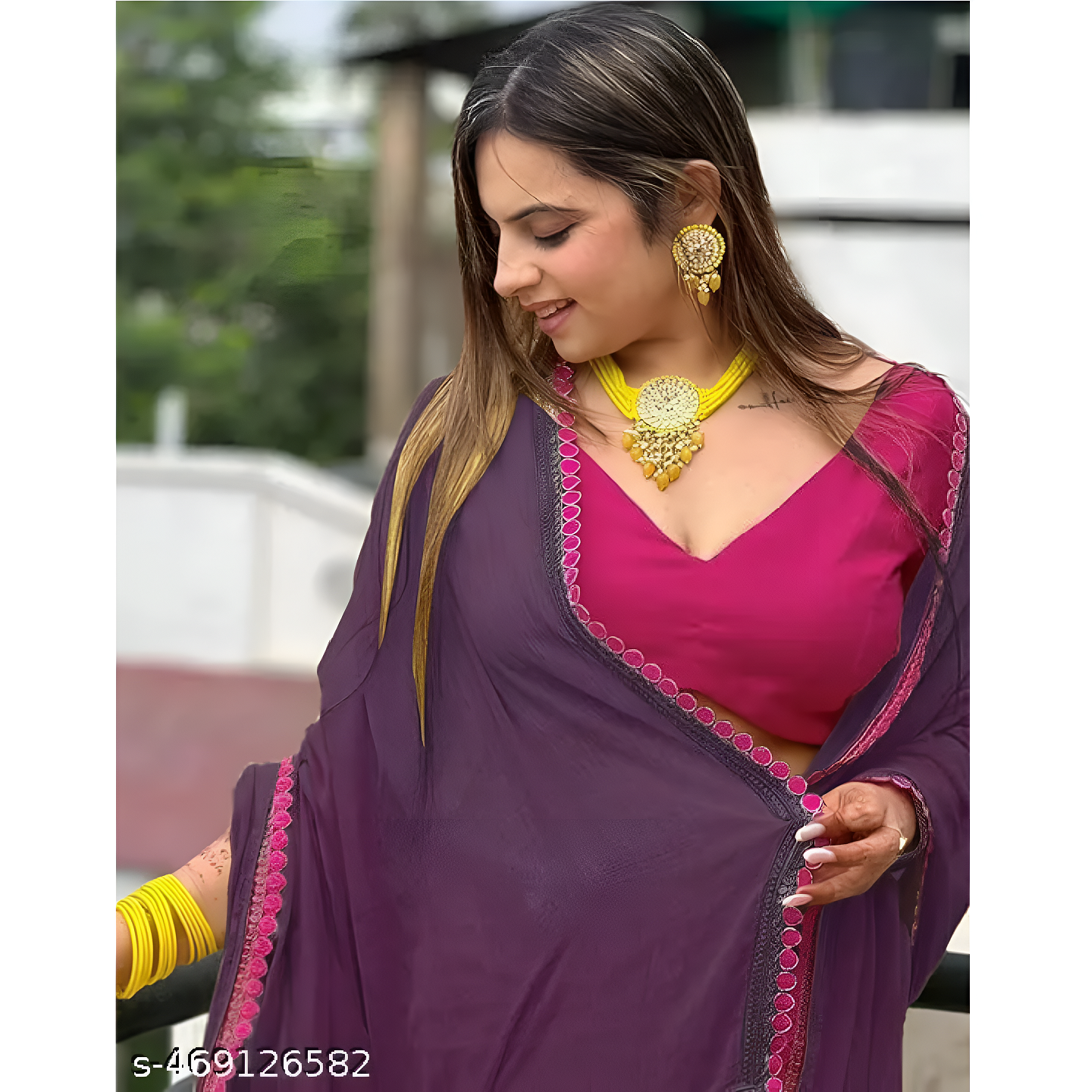 Purple Solid Georgette Red Lace Saree