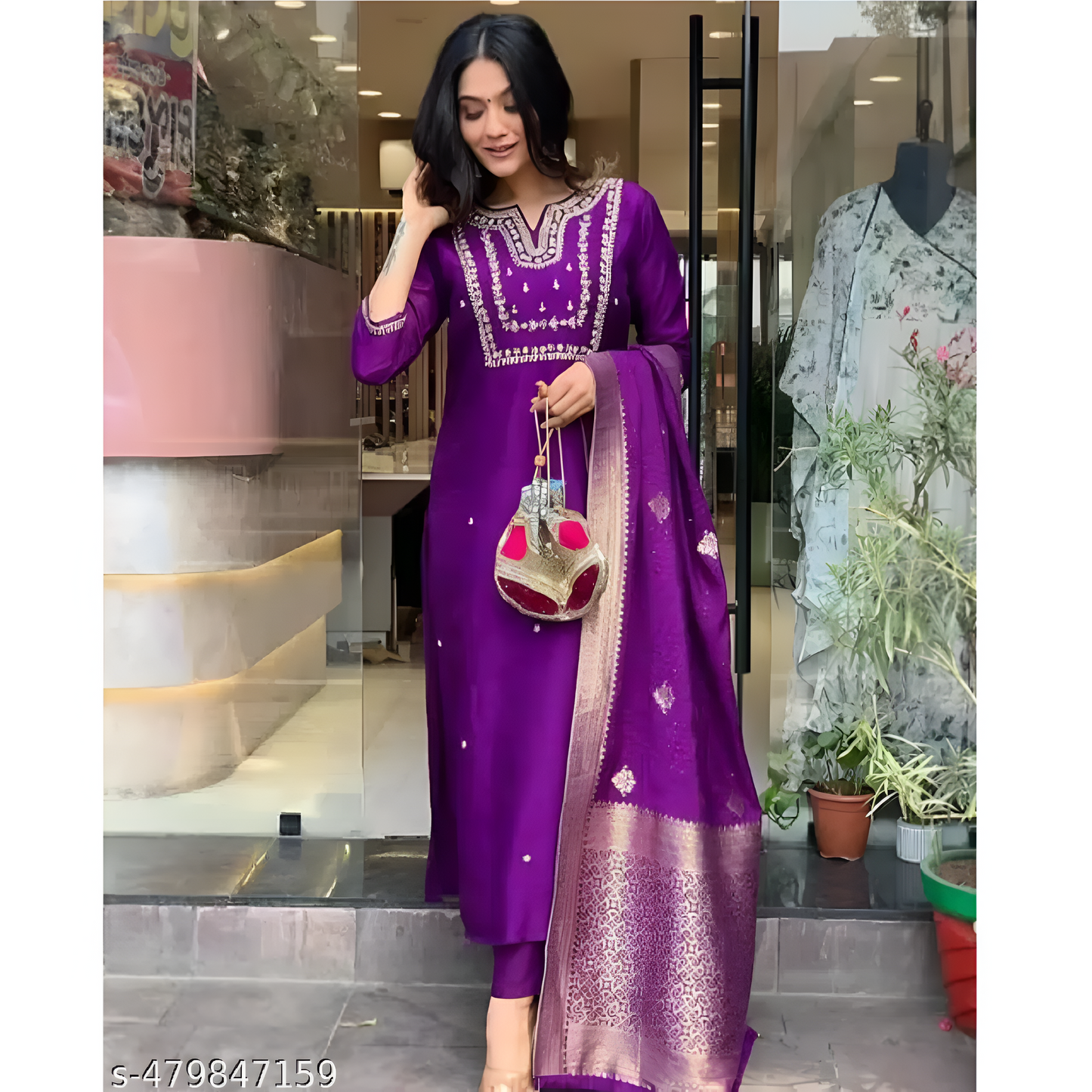 Purple Embroidered Viscose Slik Straight Kurta Pant Dupatta Set