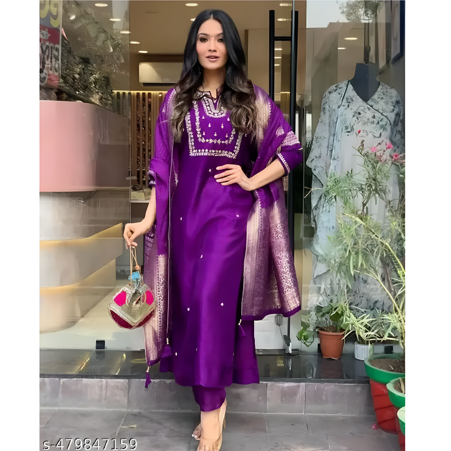 Purple Embroidered Viscose Slik Straight Kurta Pant Dupatta Set