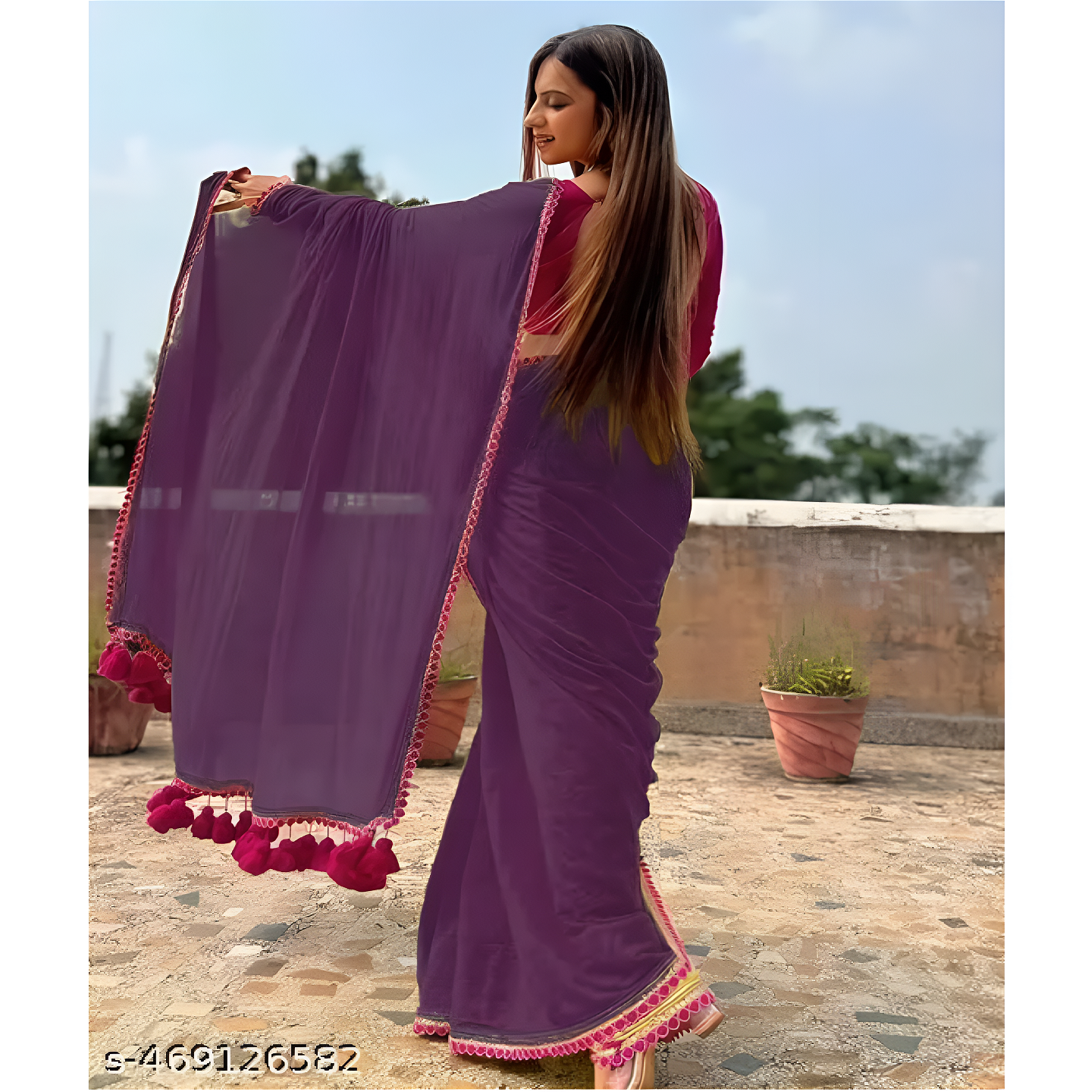 Purple Solid Georgette Red Lace Saree