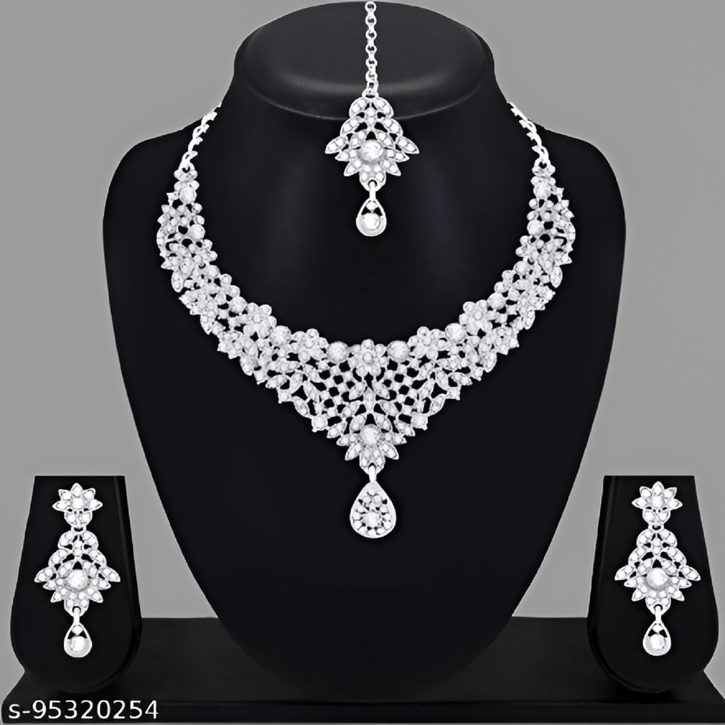 Rhodium Plated With Mangtikka Necklace Set For Women
