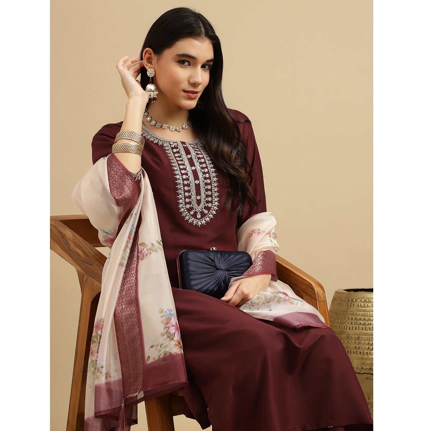 Brown Embroidered Rayon Slub Straight Kurta Pant Dupatta Set