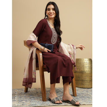 Brown Embroidered Rayon Slub Straight Kurta Pant Dupatta Set