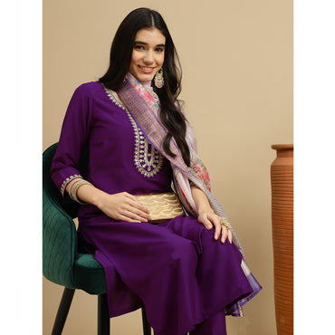 Purple Embroidered Rayon Slub Straight Kurta Pant Dupatta Set