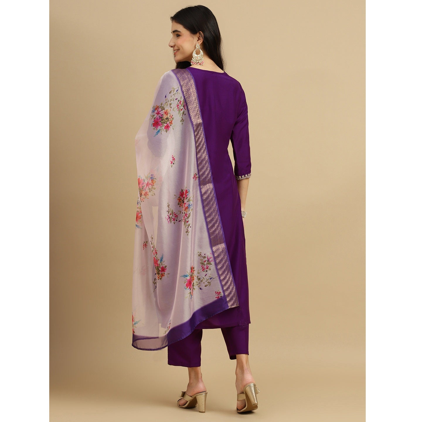 Purple Embroidered Rayon Slub Straight Kurta Pant Dupatta Set