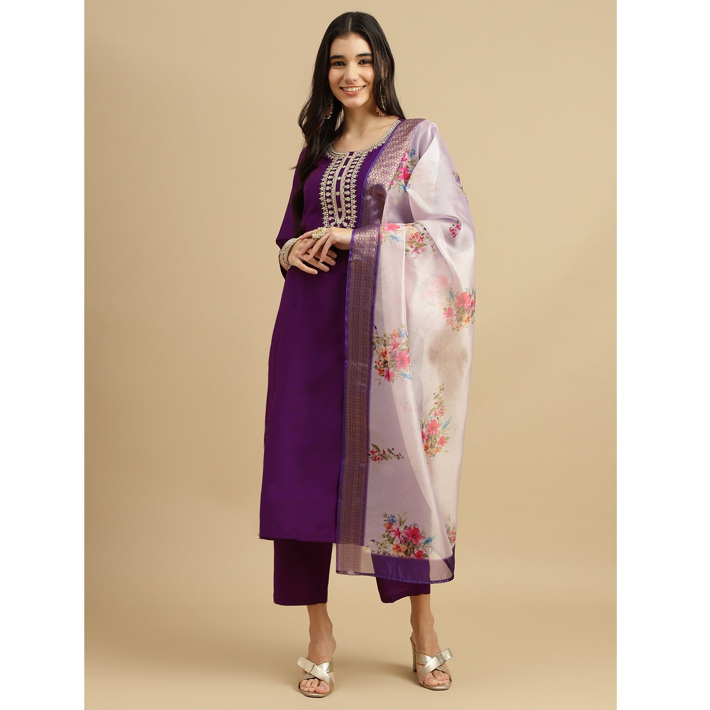 Purple Embroidered Rayon Slub Straight Kurta Pant Dupatta Set