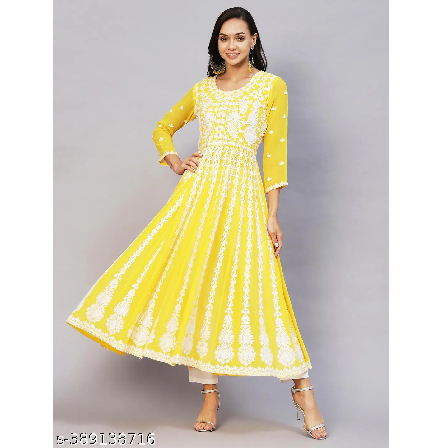 Yellow Chikankari Georgette Straight Kurta Pant Set