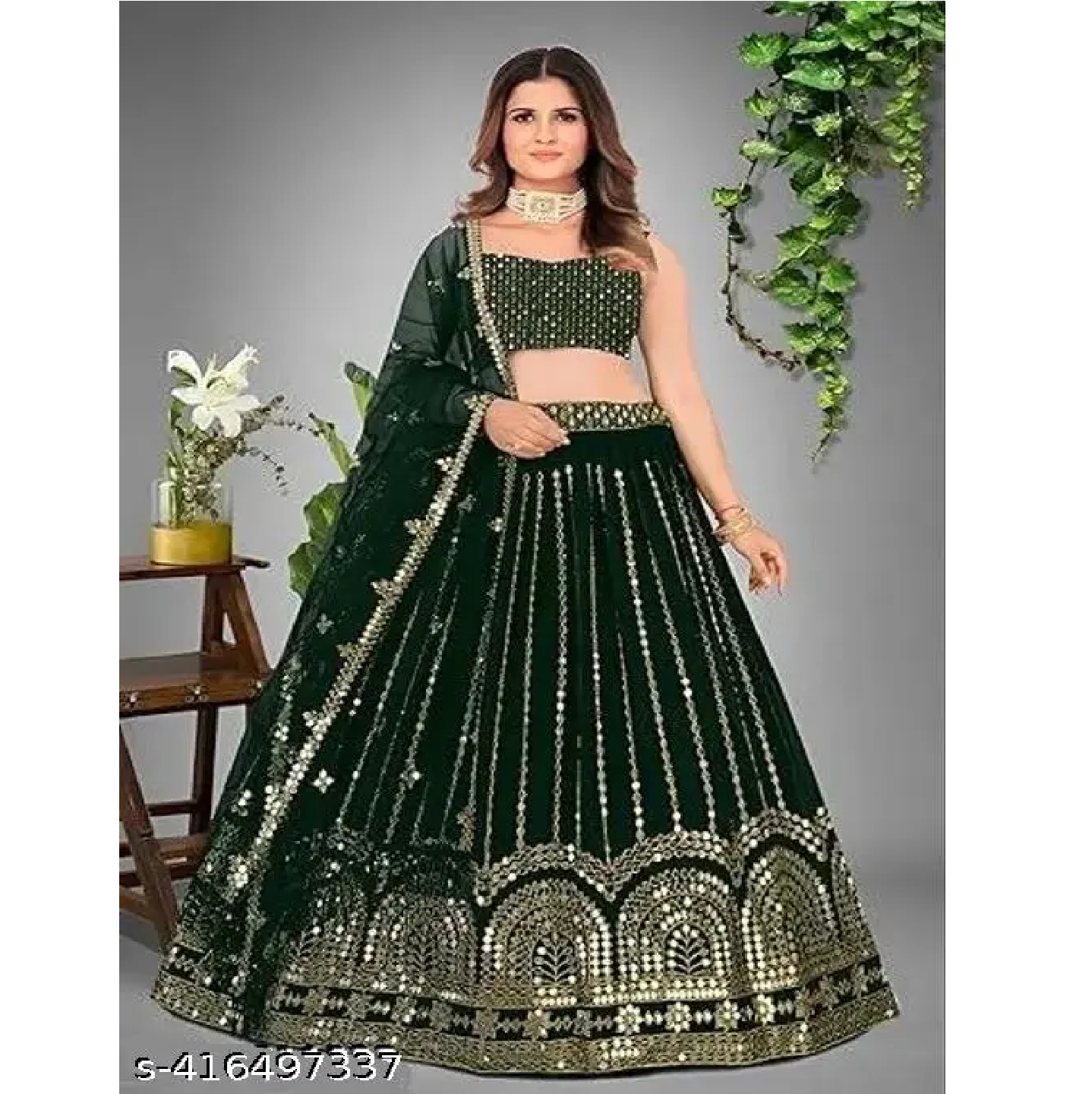 Green Emblellised Georgette Lehenga Choli with Dupatta