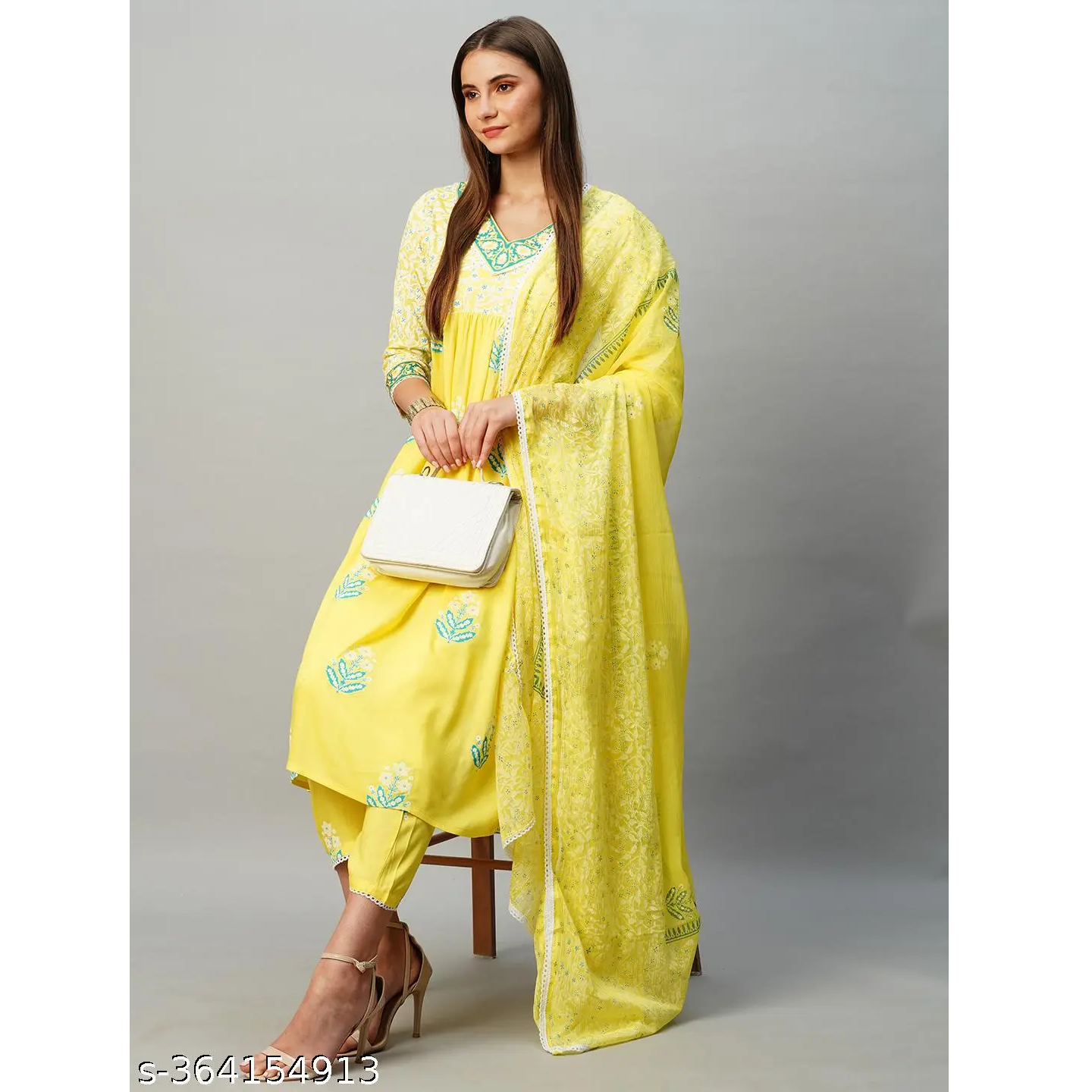 Yellow Embroidered Cotton Blend Straight Kurta Pant Dupatta Set