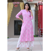 Pink Block Printed Rayon Straight Kurta Pant Sets