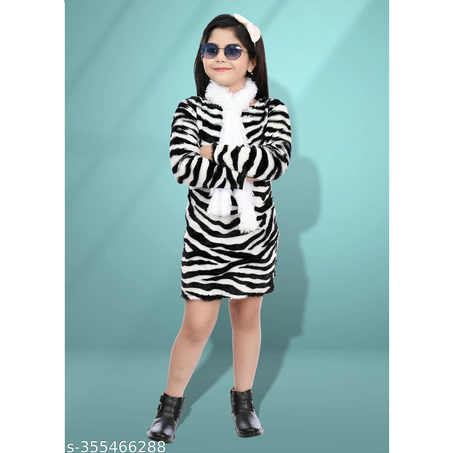 Zebra Black Printed Wool Girls Dresses