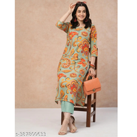 Women's Pista Cotton Blend Printed Kurta with Trouser