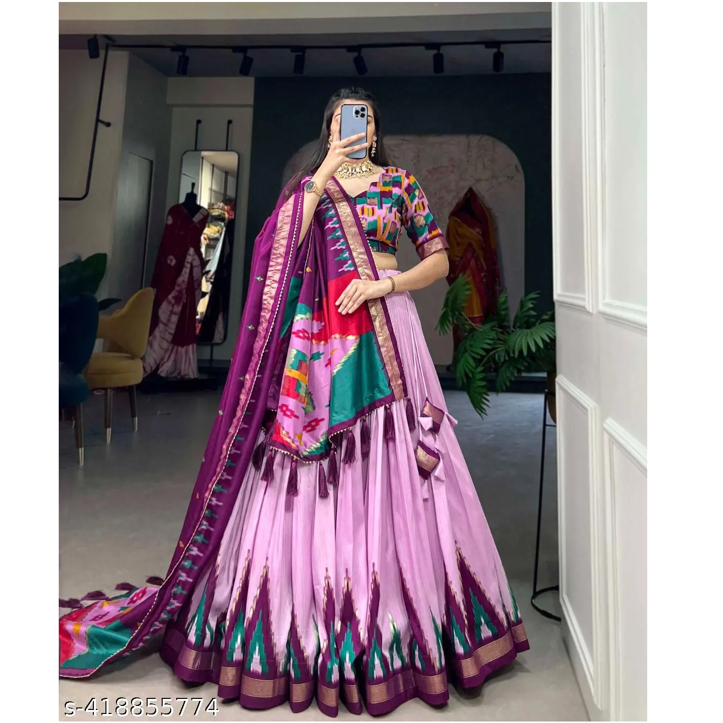 Pink Embroidered Tusser Slik Bandhani Chaniya Choli