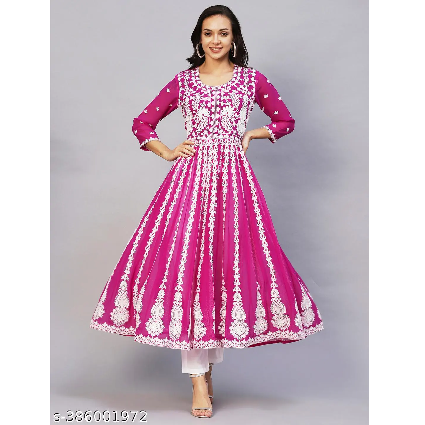 Pink Chikankari Georgette Straight Kurta Pant Set